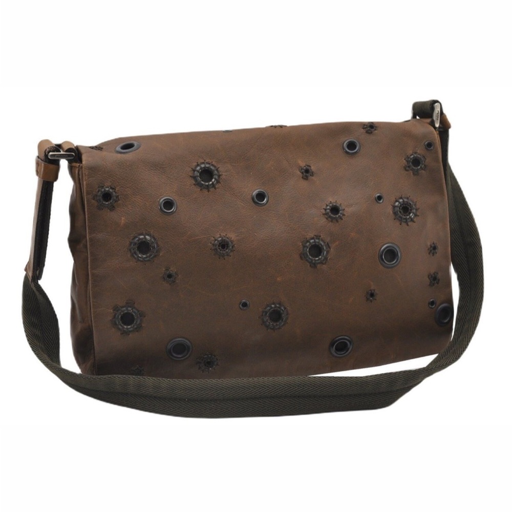 Vintage Prada Leather Grommet Stud Embroidery Bag Brown
